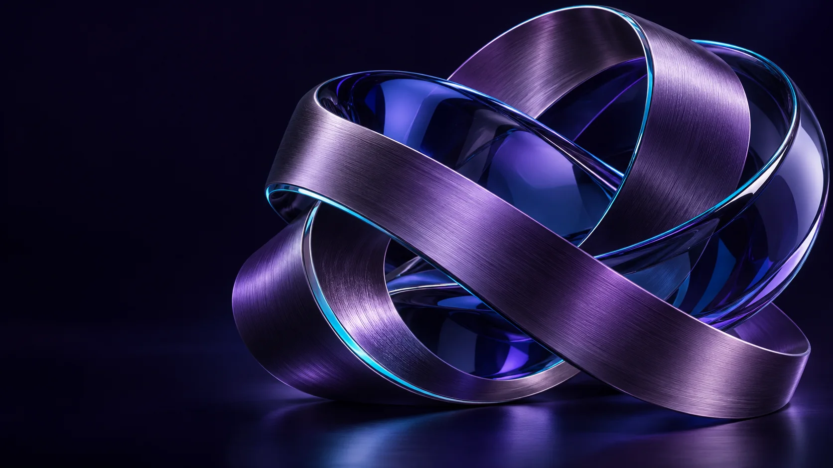 Interwoven violet titanium and indigo glass ribbons expressing one connected Financial Fabric