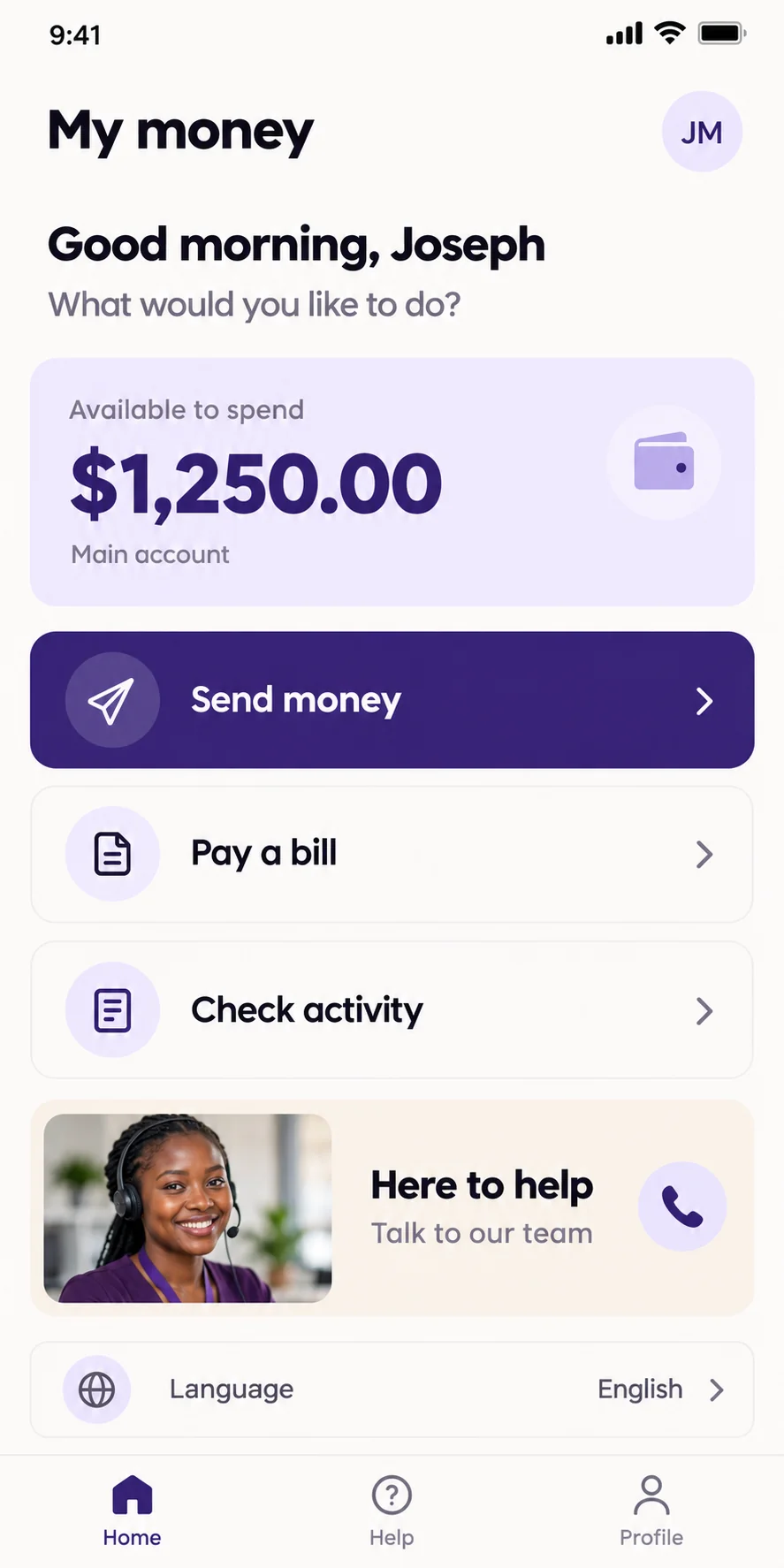 Original guided money app interface with clear balance, large task buttons and personal help